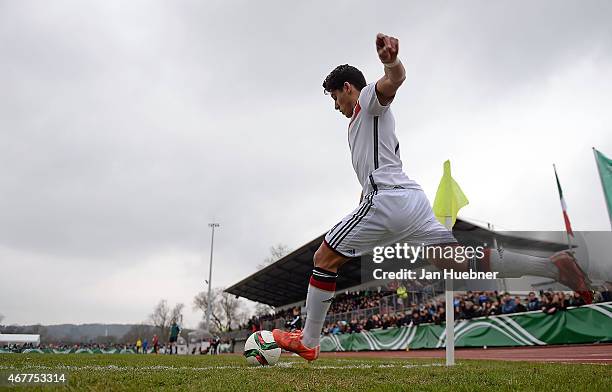 Goerkem Saglam of Germany shoot a corner kick during the UEFA Under17 Elite Round match between U17 Italy and U17 Germany on March 26, 2015 in...