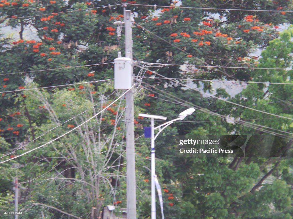 Solar powered streetlights are found on the major street of...