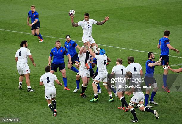 Courtney Lawes of England wins lineout ball during the RBS Six Nations match between England and France at Twickenham Stadium on March 21, 2015 in...