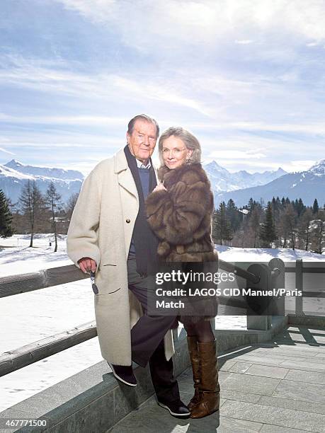 Actor Roger Moore with his wife Kristina Tholstrup are photographed for Paris Match on March 9, 2015 in Crans-Montana, Switzerland.