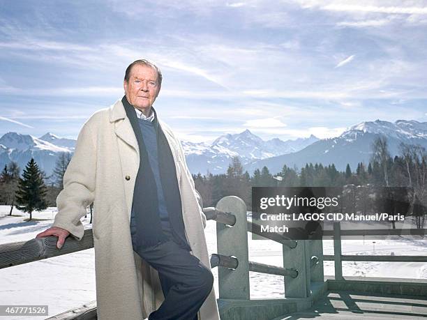 Actor Roger Moore is photographed for Paris Match on March 9, 2015 in Crans-Montana, Switzerland.