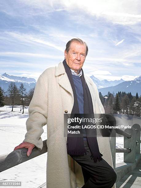 Actor Roger Moore is photographed for Paris Match on March 9, 2015 in Crans-Montana, Switzerland.