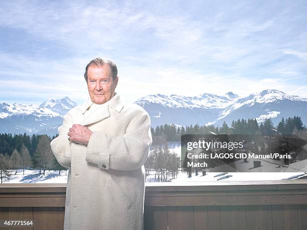 Actor Roger Moore is photographed for Paris Match on March 9, 2015 in Crans-Montana, Switzerland.