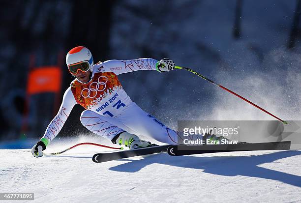 Bode Miller of the United States skis during training for the Alpine Skiing Men's Downhill during the Sochi 2014 Winter Olympics at Rosa Khutor...