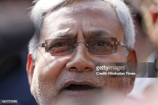 Bihar Chief Minister Nitish Kumar coming out after a meeting and lunch with Delhi CM Arvind Kejriwal, at Delhi Secretariat, on March 27, 2015 in New...