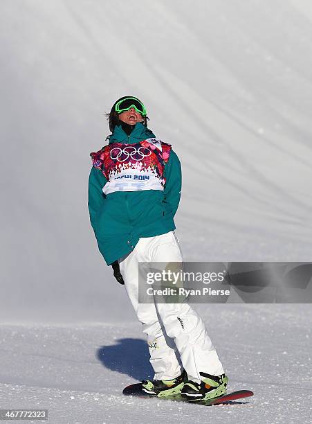 Scotty James of Australia reacts during the Snowboard Men's Slopestyle Semifinals during day 1 of the Sochi 2014 Winter Olympics at Rosa Khutor...