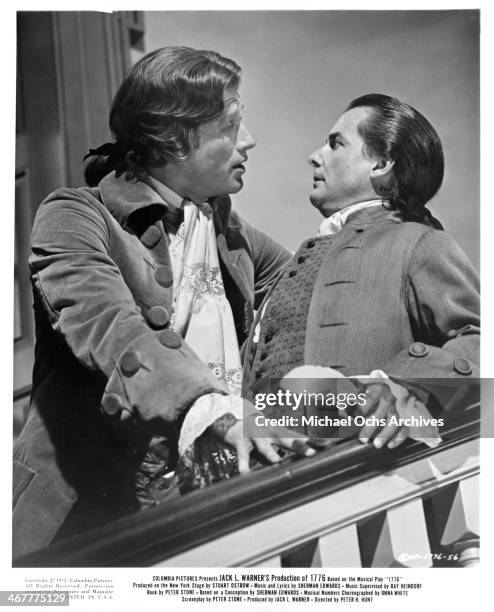 Actors Ken Howard and William Daniels on set of the movie "1776", circa 1972.