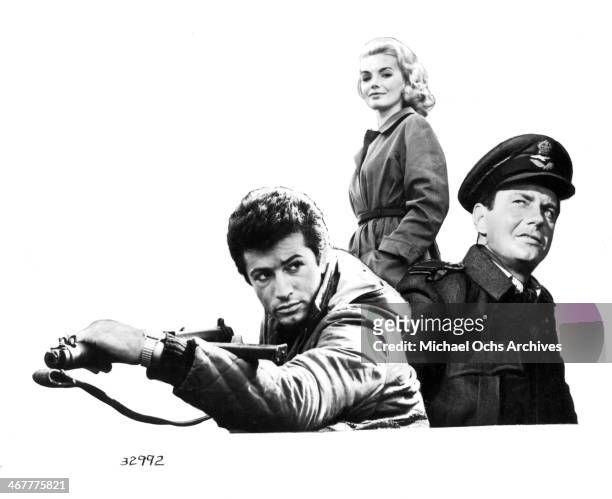 Photo composite of actor George Chakiris, actress Maria Perschy and Cliff Robertson for the movie "633 Squadron" circa 1964.