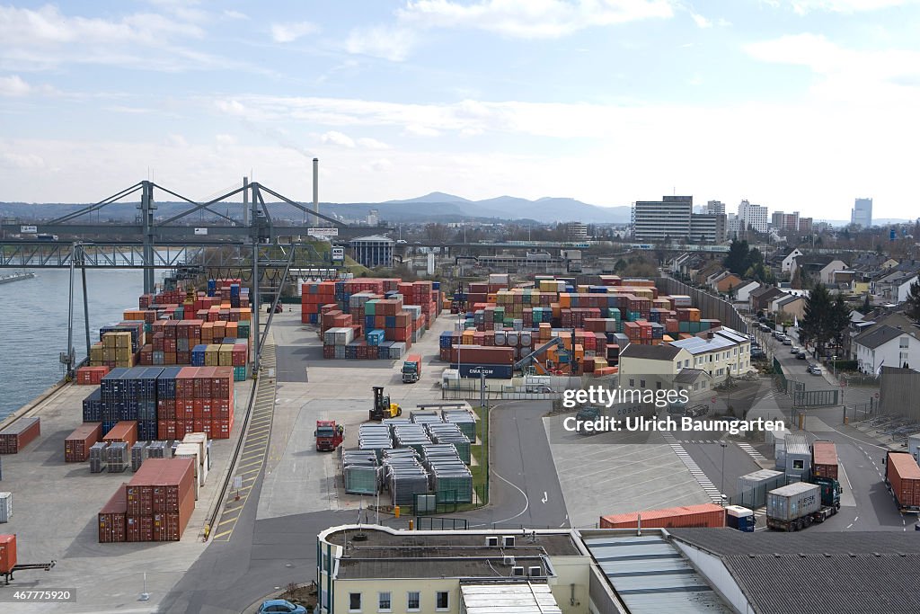 Rhine harbor and skyline Bonn, container storage.