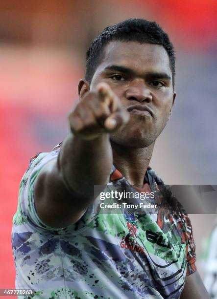 David Crampton of the Goannas celebrates a try during the NRL trial match between the Newcastle Knights and the First Nations Goannas at Hunter...