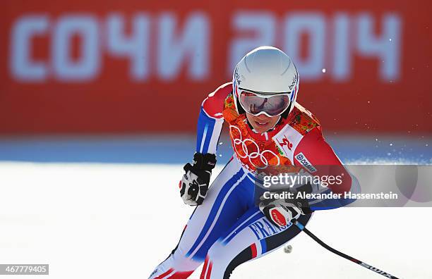 Marie Marchand-Arvier of France finishes a run during training for the Alpine Skiing Women's Downhill during the Sochi 2014 Winter Olympics at Rosa...