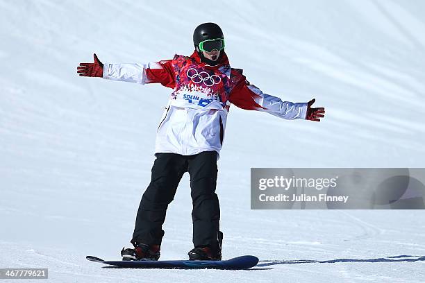 Maxence Parrot of Canada celebrates after his second run during the Snowboard Men's Slopestyle Final during day 1 of the Sochi 2014 Winter Olympics...