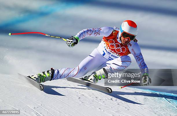 Bode Miller of the United States skis during training for the Alpine Skiing Men's Downhill during the Sochi 2014 Winter Olympics at Rosa Khutor...