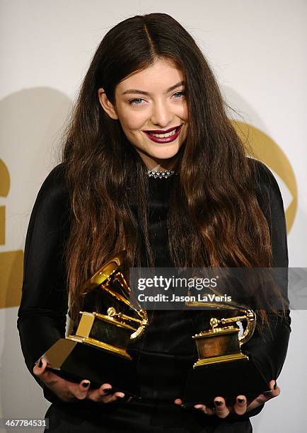 Singer Lorde poses in the press room at the 56th GRAMMY Awards at Staples Center on January 26, 2014 in Los Angeles, California.