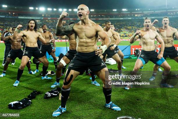 Captain D J Forbes and the New Zealand team perform a haka after winning the Cup Final match between New Zealand and South Africa during the...