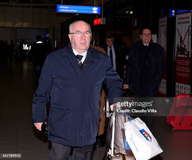President FIGC Carlo Tavecchio arrives at Sofia Airport ahead of their EURO 2016 Qualifier against Bulgaria, on March 27, 2015 in Sofia, Bulgaria.