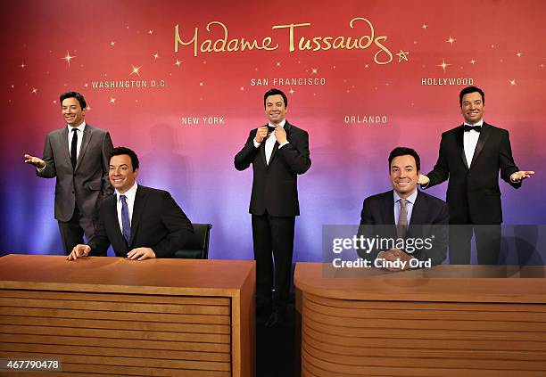 View of Madame Tussauds wax figures on display as host of NBC's 'The Tonight Show', Jimmy Fallon joins Madame Tussauds to debut five unique, brand...