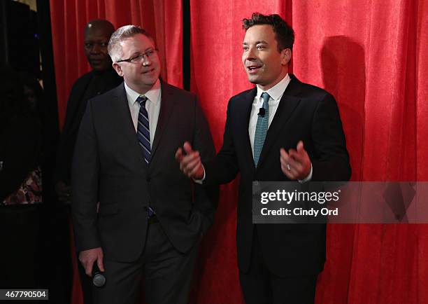 Host of NBC's 'The Tonight Show', Jimmy Fallon speaks with Patrick Connor, Director of Marketing and Sales at Merlin Entertainments as Madame...