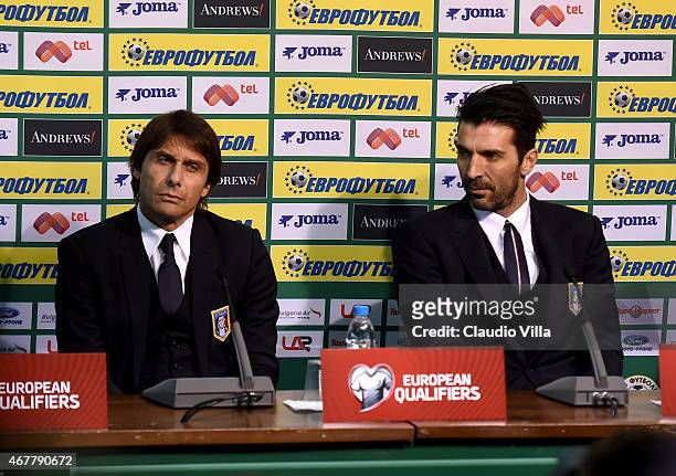Head coach Antonio Conte and Gianluigi Buffon of Italy during press conference ahead of their EURO 2016 Qualifier against Bulgaria at Vasil Levski...