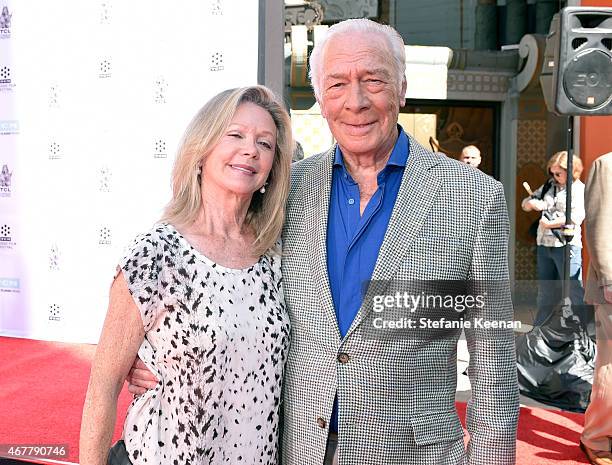 Elaine Taylor and honoree Christopher Plummer attend the Christopher Plummer Hand and Footprint Ceremony during the 2015 TCM Classic Film Festival on...