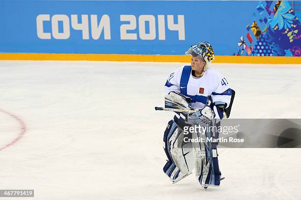 Noora Raty of Finland reacts against United States during the Women's Ice Hockey Preliminary Round Group A Game on day 1 of the Sochi 2014 Winter...