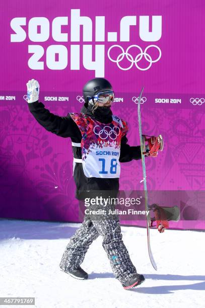 Roope Tonteri of Finland waves after his second run during the Snowboard Men's Slopestyle Final during day 1 of the Sochi 2014 Winter Olympics at...
