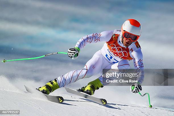 Steven Nyman of the United States skis during training for the Alpine Skiing Men's Downhill during the Sochi 2014 Winter Olympics at Rosa Khutor...