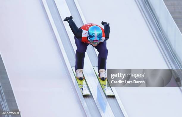 Carina Vogt of Germany jumps during the Ladies' Normal Hill Individual Ski Jumping training on day 1 of the Sochi 2014 Winter Olympics at the RusSki...