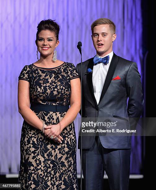 Actors Susan Ward and Lucas Grabell speak on stage at the 22nd Annual Movieguide Awards Gala at the Universal Hilton Hotel on February 7, 2014 in...