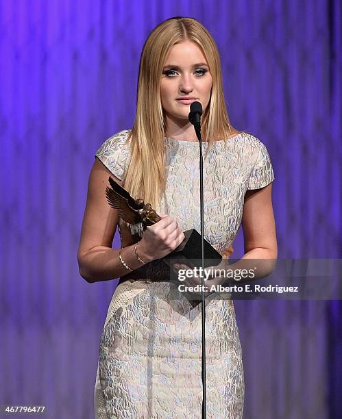 Singer/actress AJ Michalka speaks on stage at the 22nd Annual Movieguide Awards Gala at the Universal Hilton Hotel on February 7, 2014 in Universal...