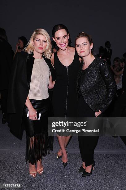 Lee-Ann Cuthbert, Tessa Virtue and Elisha Cuthbert attend World MasterCard Fashion Week Fall 2015 Collections Day 4 at David Pecaut Square on March...