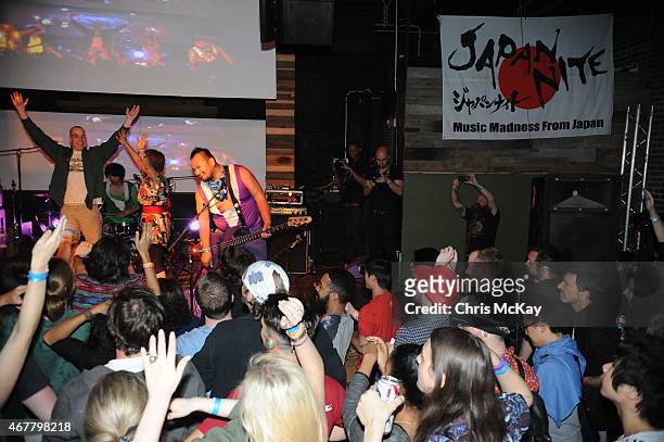 Peelander-Green, Mika Yoshimura of Bo-Peep, and Peelander-Purple perform with Peelander-Z at Live Wire on March 26, 2015 in Athens, Georgia.