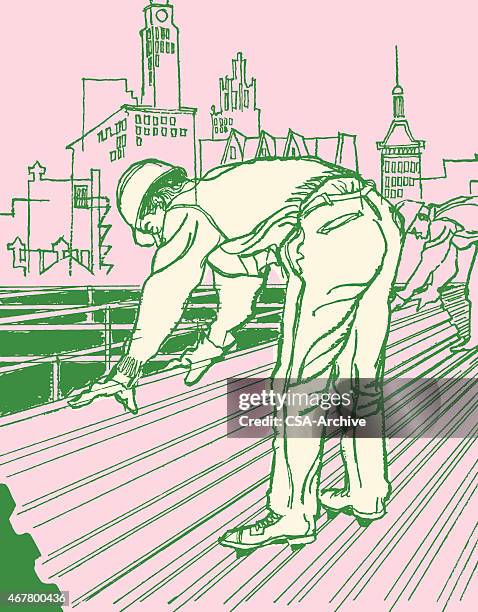 constuction workers - roofing installation stock illustrations