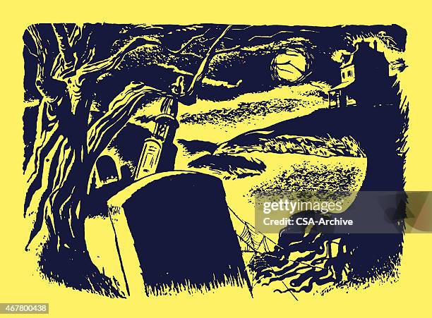 graveyard at night - spooky stock illustrations
