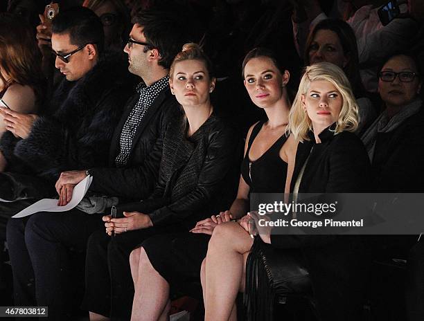 Elisha Cuthbert, Tessa Virtue and Lee-Ann Cuthbert attend World MasterCard Fashion Week Fall 2015 Collections Day 4 at David Pecaut Square on March...