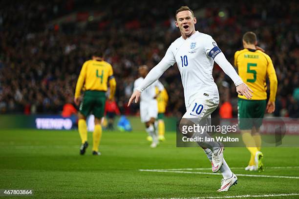 Wayne Rooney of England celebrates the first goal during the EURO 2016 Qualifier match between England and Lithuania at Wembley Stadium on March 27,...