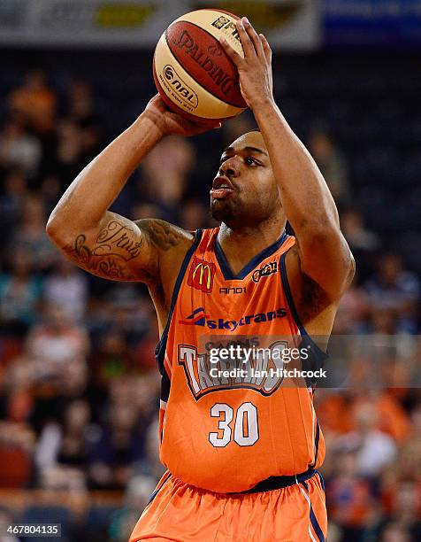 Demetri McCamey of the Taipans takes a shot during the round 17 NBL match between the Cairns Taipans and the Townsville Crocodiles at Cairns...