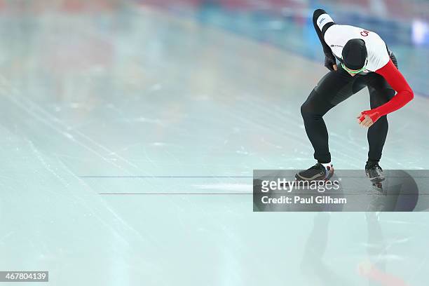 Mathieu Giroux of Canada prepares to compete during the Men's 5000m Speed Skating event during day 1 of the Sochi 2014 Winter Olympics at Adler Arena...