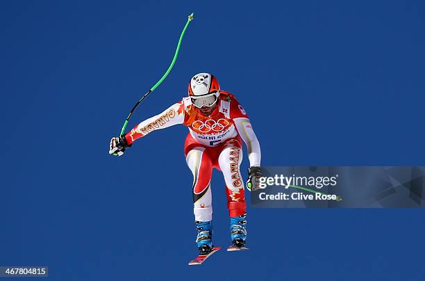 Jan Hudec of Canada skis during training for the Alpine Skiing Men's Downhill ahead of the Sochi 2014 Winter Olympics at Rosa Khutor Alpine Center on...