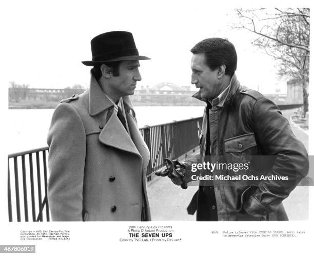 Actors Tony Lo Bianco and Roy Scheider on set of the movie "The Seven-Ups ", circa 1973.