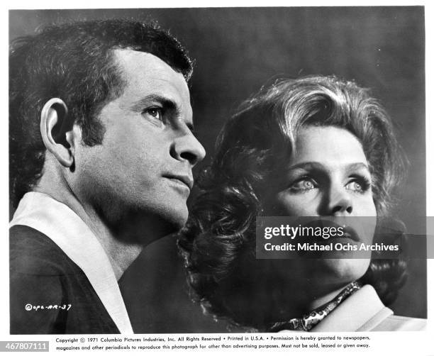 Actor Ian Holm and actress Lee Remick on set of the movie "A Severed Head ", circa 1970.