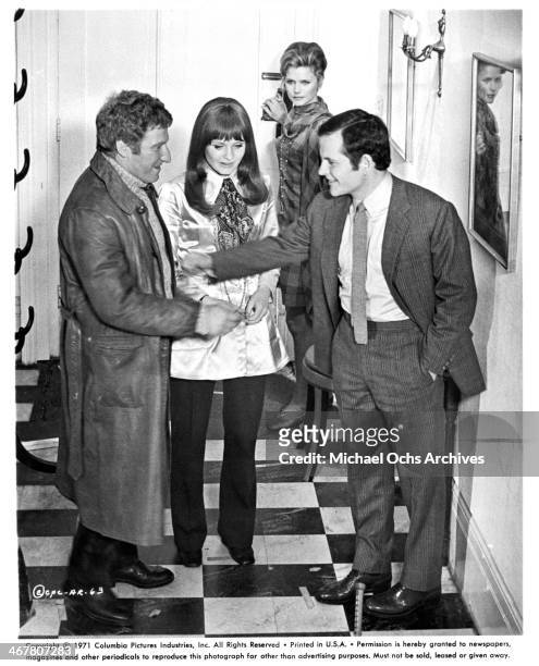 Actor Clive Revill, actress Jennie Linden, Lee Remick and Ian Holm on set of the movie "A Severed Head ", circa 1970.