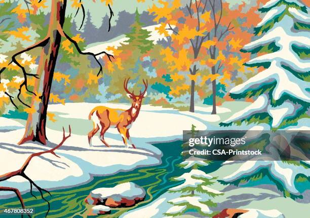deer in the snow - deer creek stock illustrations