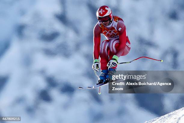 Didier Defago of Switzerland competes during the Alpine Skiing Women's and Men's Downhill Training at the Sochi 2014 Winter Olympic Games at Rosa...