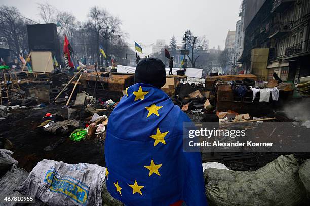Anti-government protesters are pictured while wearing a European Union flag behind a barricade on Hrushevskoho Street on February 8, 2014 in Kiev,...