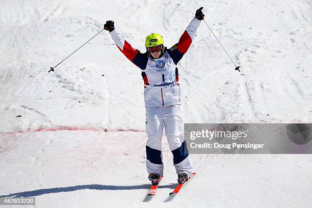 Hannah Kearney reacts after crossing the finish line to win the ladies moguls 2015 U.S. Freestyle Ski Championships at the Steamboat Ski Resort on...