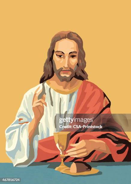 jesus with bread and wine - food orange background stock illustrations