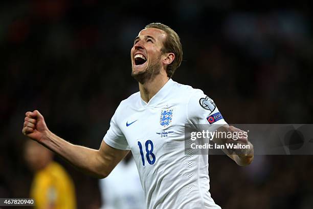 Harry Kane of England celebrates after scoring on his debut during the EURO 2016 Qualifier match between England and Lithuania at Wembley Stadium on...