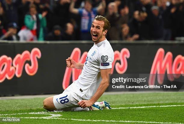 Harry Kane of England celebrates scoring their fourth goal during the EURO 2016 Qualifier between England and Lithuania at Wembley Stadium on March...