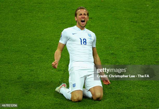 Harry Kane of England celebrates scoring their fourth goal during the EURO 2016 Qualifier between England and Lithuania at Wembley Stadium on March...